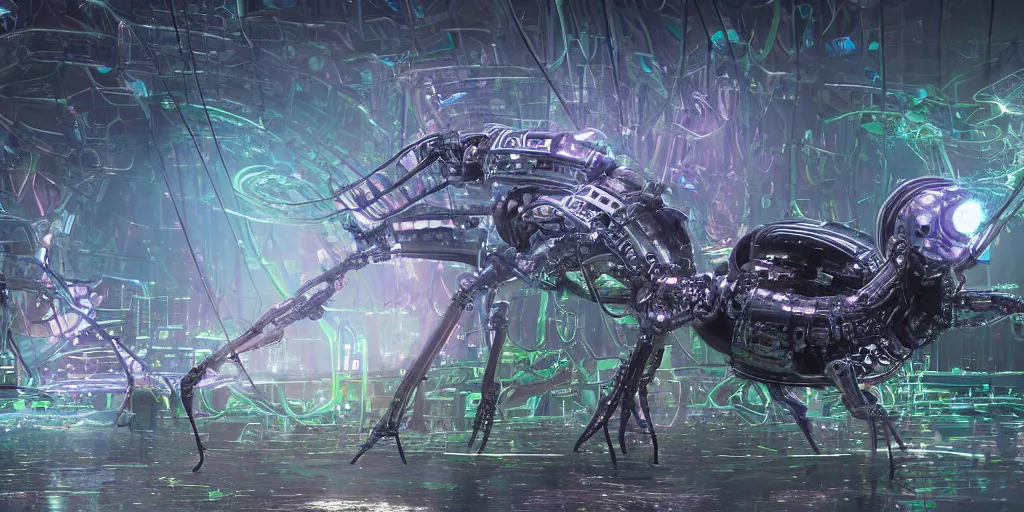 Image similar to photoreal hyper detailed epic story dramatic scene mechanical futuristic mantis robotic cyberpunk mainframe mind-blowing epic microcircuitry cybernetic fantastical beings dancing reflective logic circuits robot metallic outerworldly creatures, floating phytoplankton-diatom robot jellyfish, against a multidimensional multiverse background, bizarre hard electronic transparent hive mind, 8k octane render, unreal engine 5, extremely intricate high detail, 8K detail post processing, path based unbiased rendering, moody lighting rendered by octane engine