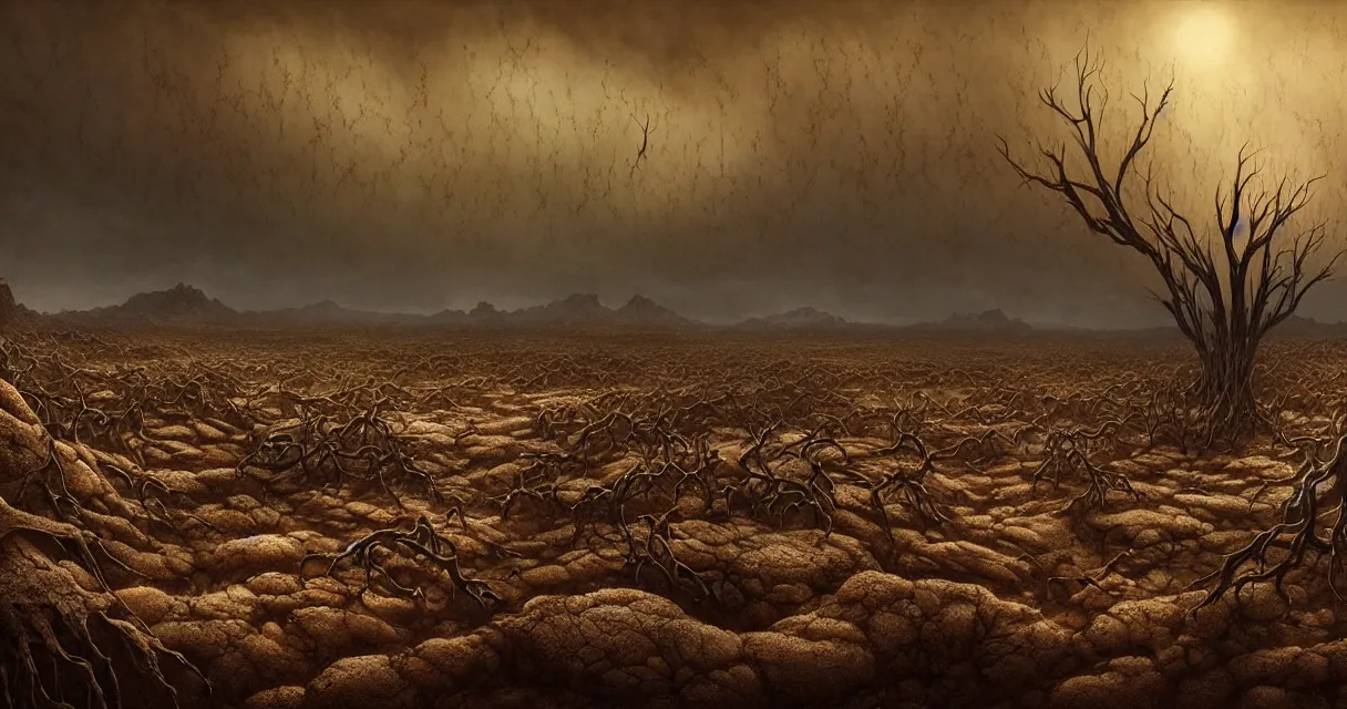 Image similar to epic professional digital art of hungry barren desert with dessicated forest, faint golden moody atmospheric lighting, painted, intricate, detailed, detailed, foreboding, by leesha hannigan, wayne haag, reyna rochin, ignacio fernandez rios, mark ryden, iris van herpen,, epic, stunning, gorgeous, much wow, cinematic, masterpiece.