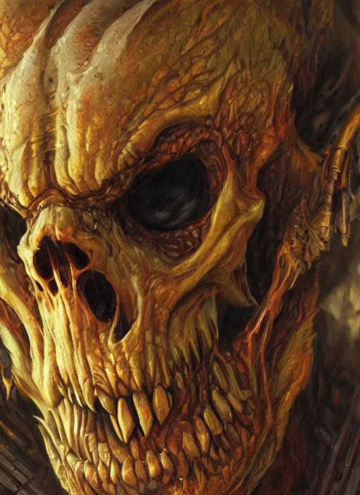 Image similar to realistic scifi monster in hell, closeup portrait art by donato giancola and greg rutkowski, realistic face, digital art, trending on artstation, skull helmet, symmetry!!!