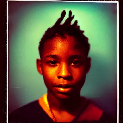 Prompt: photo of a black boy with colored dread, in dark room flash high polaroid effect ( 1 9 8 0 )