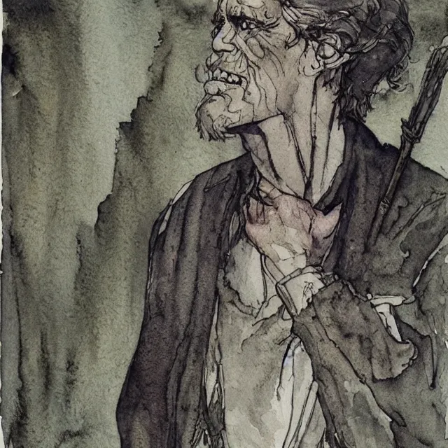 Prompt: a detailed, intricate watercolor and ink portrait illustration with fine lines of willem dafoe looking over his shoulder, very very happy!, by arthur rackham and edmund dulac and lisbeth zwerger