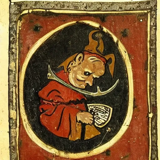 Image similar to medieval portrait of a goblin stabbed by a beautiful sword, simple
