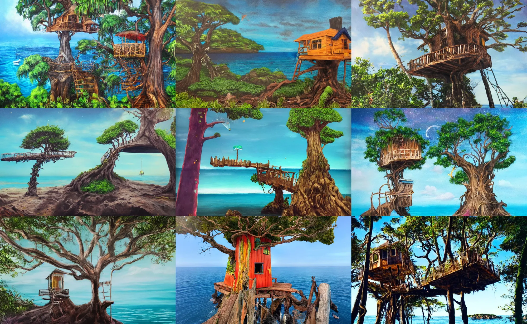 Prompt: spray paint of a mystical island treehouse on the ocean