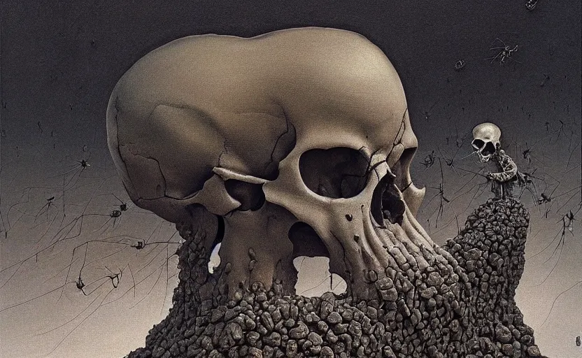 Image similar to painting of soldier's skull, skull is wearing a helmet, tiny insects crawling out of the crevices of the skull, Zdzislaw Beksinski, Wayne Barlowe, Joe Fenton, Escher M.C., gothic, cosmic horror, biomorphic, lovecraftian, amazing details, cold hue's, warm tone gradient background