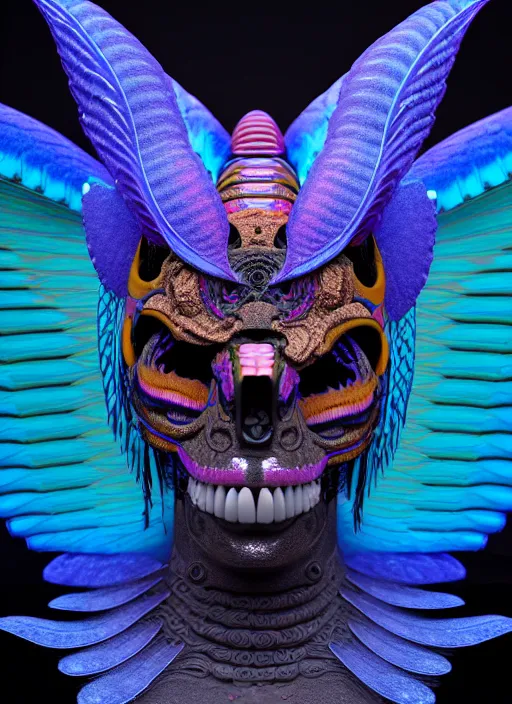 Prompt: 3 d goddess butterfly cobra face portrait, sigma 5 0 0 mm f / 5. beautiful intricate highly detailed quetzalcoatl skull and feathers. bioluminescent, plasma, lava, ice, water, wind, creature, thunderstorm! artwork by tooth wu and wlop and beeple and greg rutkowski, 8 k trending on artstation,