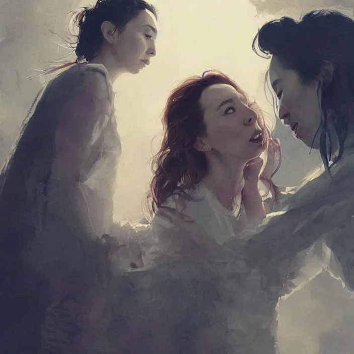 Image similar to jodie comer and sandra oh making out scene in tv series kill eve by greg rutkowski