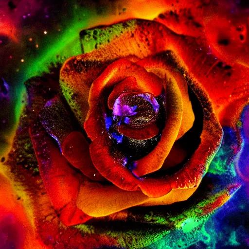 Image similar to award - winning macro of a beautiful radiant black rose made of molten magma and nebulae on black background by harold davis, georgia o'keeffe and harold feinstein, highly detailed, hyper - realistic, inner glow, trending on deviantart, artstation and flickr, nasa space photography, national geographic