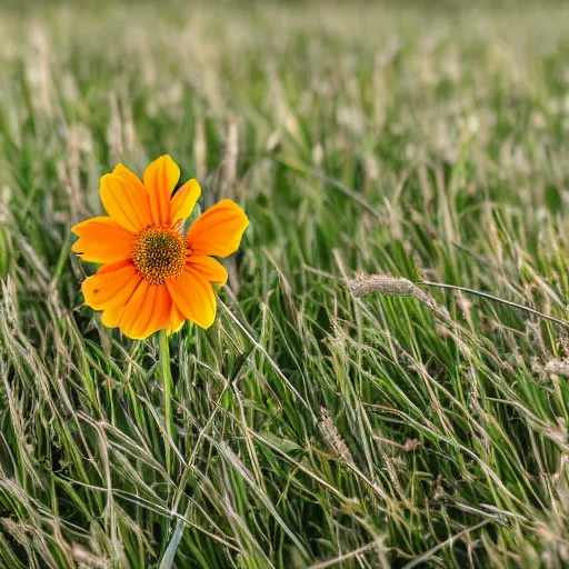 Prompt: photo of a single flower in a field of grass with the sun rising, highly detailed, high quality, HD, 4k, 8k, Canon 300mm, professional photographer, 40mp, lifelike, top-rated, award winning, realistic, sharp, no blur, edited, corrected, trending