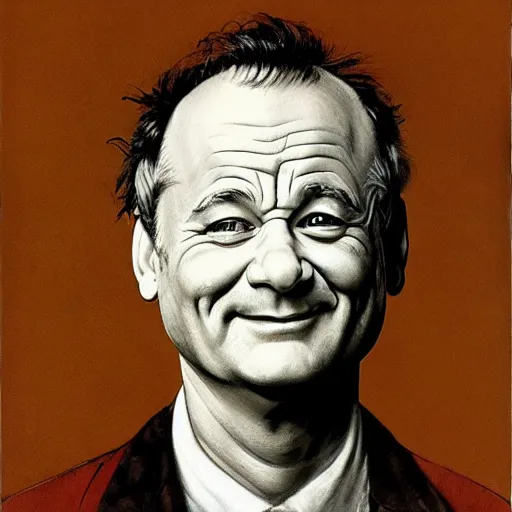 Image similar to Frontal portrait of a smiling Bill Murray. A portrait by Norman Rockwell.