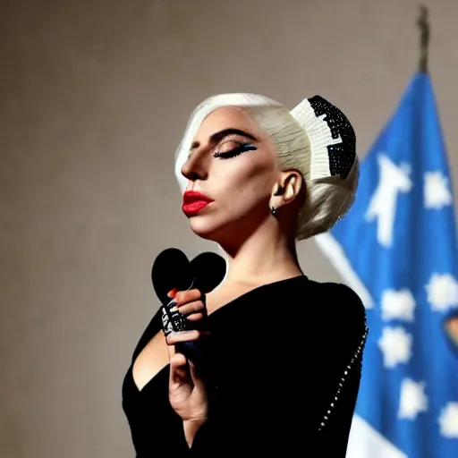 Prompt: Lady Gaga as Evita, president of Argentina, Argentina flag behind, bokeh, detailed, hd, as Cristina Kirchner