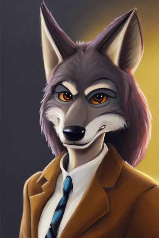 Image similar to oil painting of anthromorphic female wolf, in style of zootopia, female fursona, furry, furaffinity, 4 k, deviantart, furry art, fursona art, wearing black business suit, business suit, wolf fursona, female, smug expression,