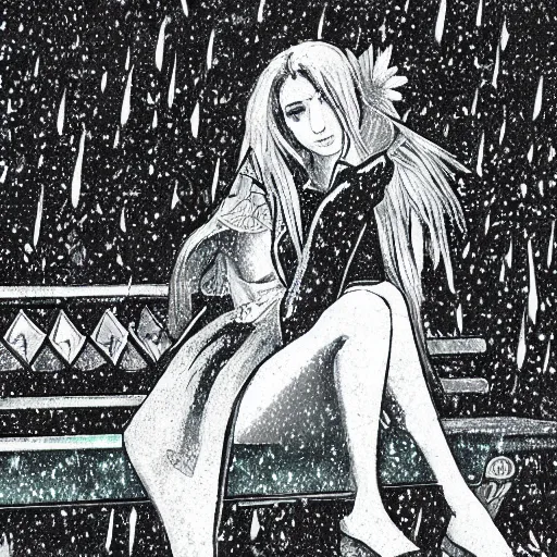 Prompt: Depressed Crystal Maiden sitting on a park bench drinking alcohol, rainy night, highly detailed photograph