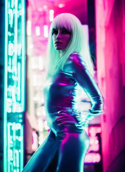 Prompt: A hyper realistic and detailed head portrait photography of futuristic atomic blonde youthful female in futuristic clothing on a futuristic street. by Annie Leibovitz. Neo noir style. Cinematic. neon lights glow in the background. Cinestill 800T film. Lens flare. Helios 44m
