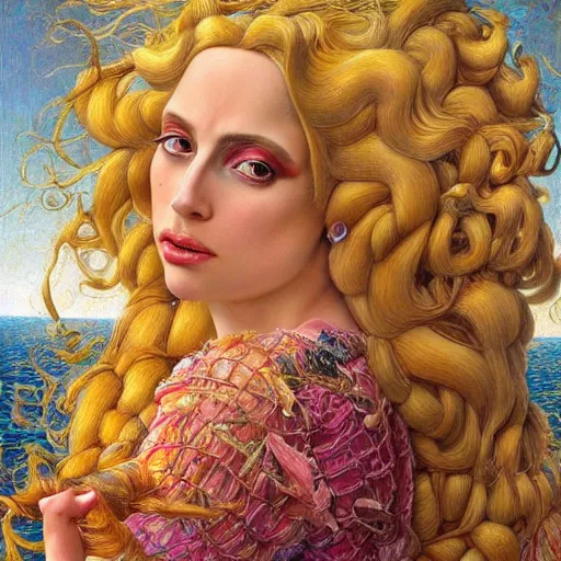 Image similar to photo realistic, hyper realism, lady gaga artpop act ii album, intricate detail, hyper detail, gaston bussiere, sandro botticelli style, with honey light brown rapunzel hair, detailed, masterpiece, sharp focus,