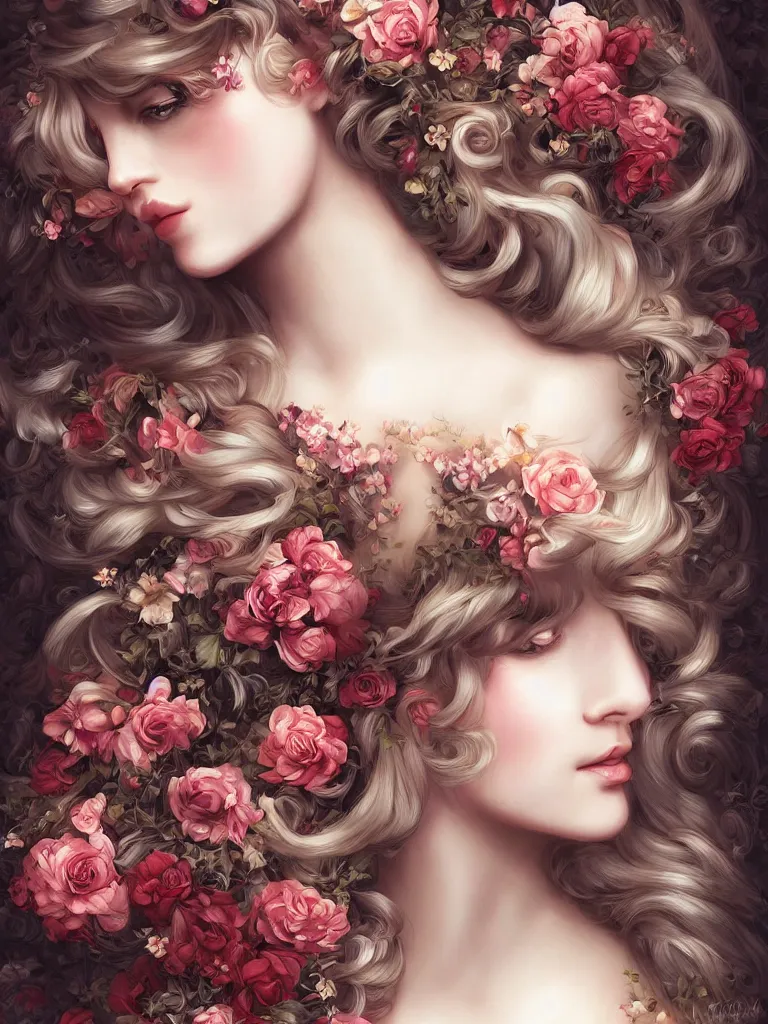 Prompt: beautiful girl digital art long hair with flowers baroque artgerm style