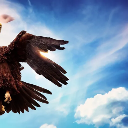 Prompt: cinematic photo of a giant eagle carrying away a person in a mascot costume, camera is looking up at the subject in the sky with fancy clouds behind