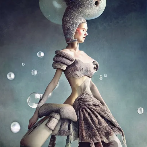 Image similar to medium shot of a woman wearing an armor made of bubbles. soft. fragile. by ray caesar. by louise dahl - wolfe. by anna claren. surreal photography