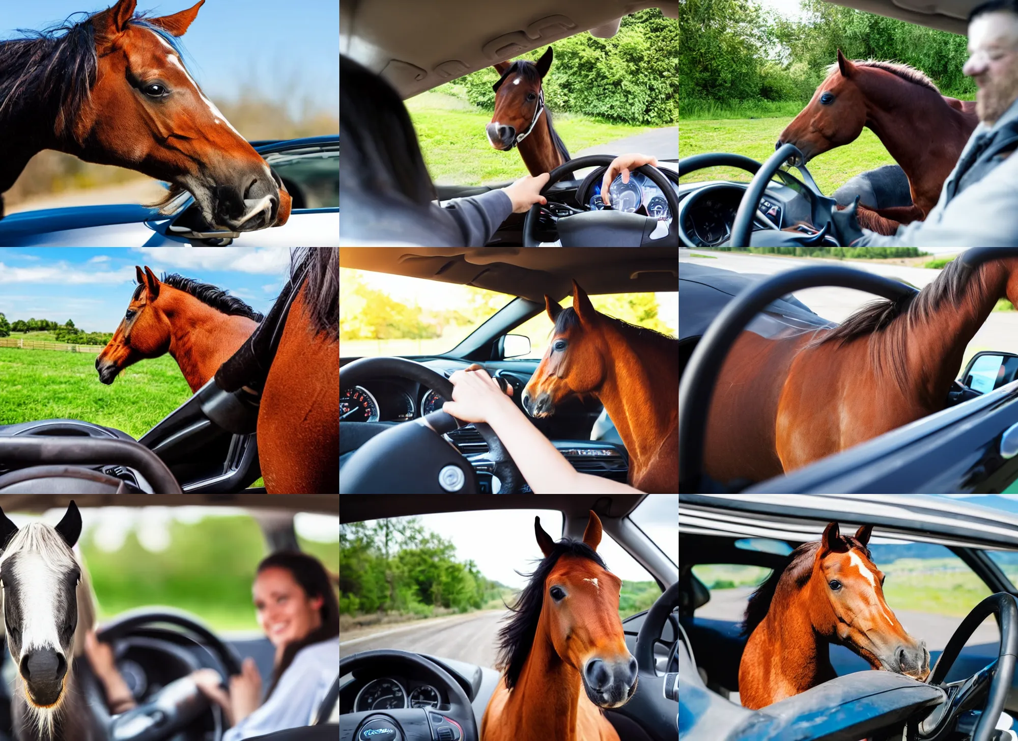 Prompt: horse sitting behind the wheel of a driving a car