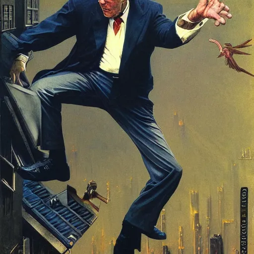 Image similar to immense, majestic, surreal, terrifying joe biden crushing buildings under his heel, perfectly clear face, by j. c. leyendecker and beksinski