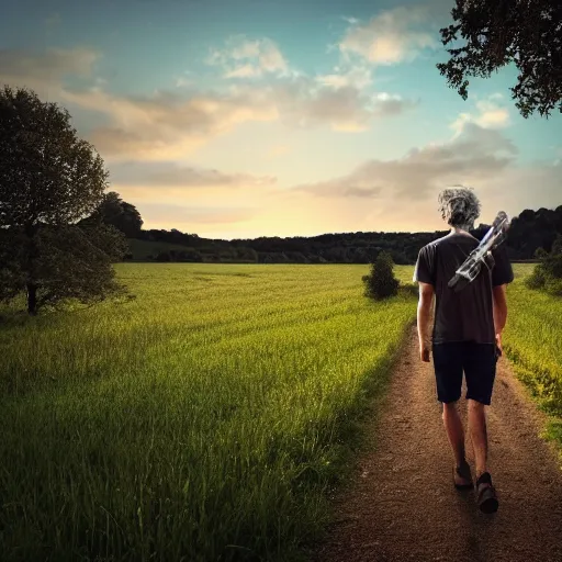Prompt: rick sanchez, face to camera walking in a field. france, dordogne, hills, ultra high, face to camera, detail, 8 k, sunset, flowers, trees, river, hills, octane render.