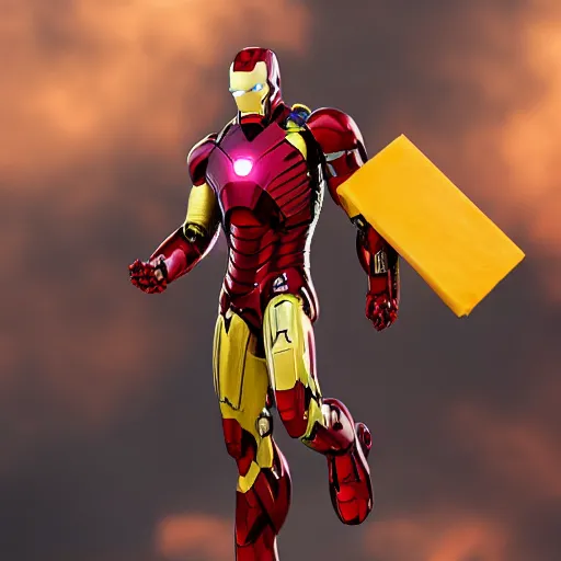 Image similar to ironman\'s armor is made out of cheddar cheese, ironman hates cheddar cheese so he flies around the cheese, ultra hd, 4k, photorealistic