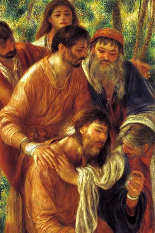 Image similar to christ healing a leper, painting by renoir and young sung kim, masterpiece