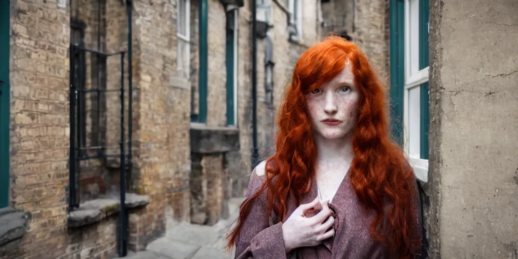 Image similar to a young red haired woman with freckles looks deeply into the camera, 1920's london street, 100, 50mm, art nouveau, f4.0, style of Joel Meyerowitz