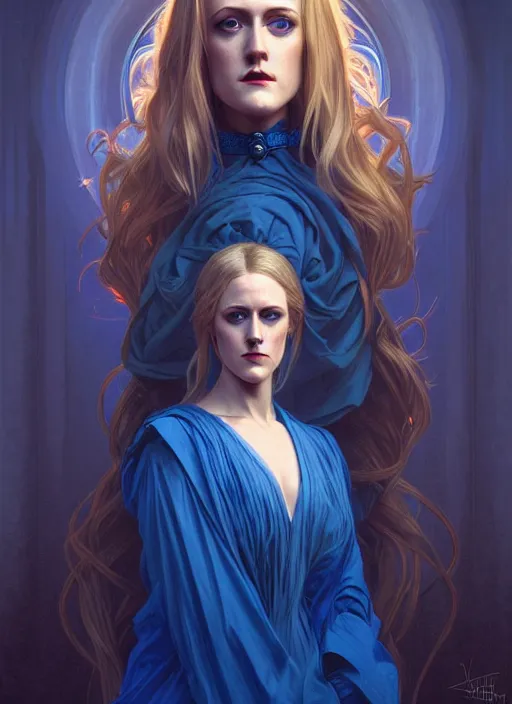 Prompt: symmetry!! portrait of evan rachel wood with long blonde hair, blue dress, old west, one face, glowing lights!! intricate, elegant, highly detailed, digital painting, artstation, concept art, smooth, sharp focus, illustration, art by artgerm and greg rutkowski and alphonse mucha