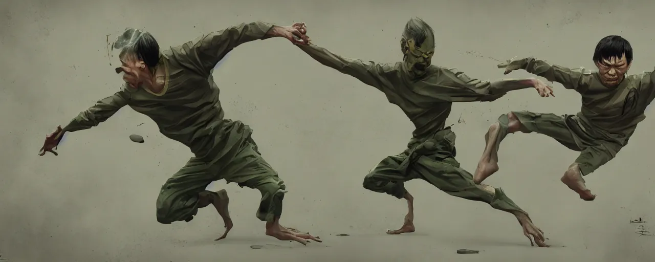 Prompt: duotone olive green grey illustration 3 / 4 portrait of gollum fighting in bruce lee style. dynamic chaotic composition accidental renaissance golden ratio. by sachin teng and sergey kolesov and ruan jia and heng z. graffiti art, scifi, fantasy, hyper detailed. octane render. concept art. trending on artstation