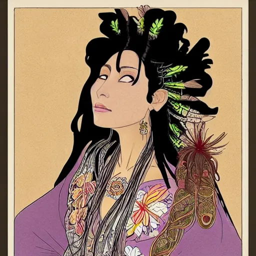 Image similar to Beautiful illustration of a Mexican woman of 40 years old, with curly black and silver hair, the woman has beautiful black eyes, her skin is light brown, she is dressed in shaman clothes, in the style of yoshitaka amano and alfons mucha