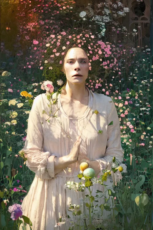 Prompt: beautiful woman in garden, imperil, beauty portrait by greg rutkowski, hilma af klint, moebius, victo ngai, sharp focus, global illumination, highly detailed, masterpiece, award winning, post processing