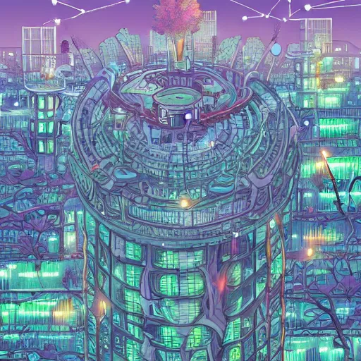 Prompt: biopunk city with a very high tree with leaves that has people connected to it by Dan Mumford, Trending on artstation, 4k