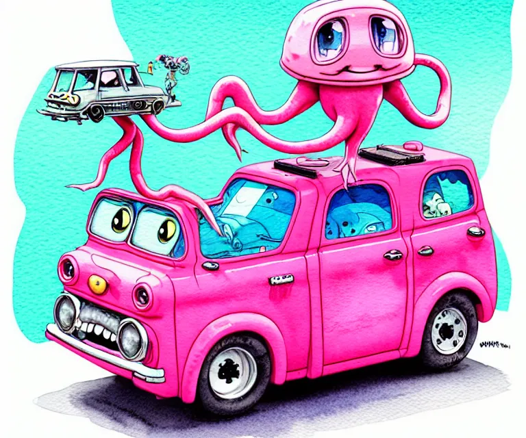 Prompt: cute and funny, pink colored squid wearing goggles riding in a tiny hot rod with oversized engine, ratfink style by ed roth, centered award winning watercolor pen illustration, isometric illustration by chihiro iwasaki, edited by range murata, tiny details by artgerm and watercolor girl, symmetrically isometrically centered