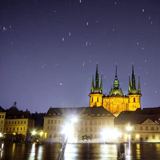 Image similar to ufo landing at the prague castle during the night, large flying saucer, dslr photography, aliens, volumetrics