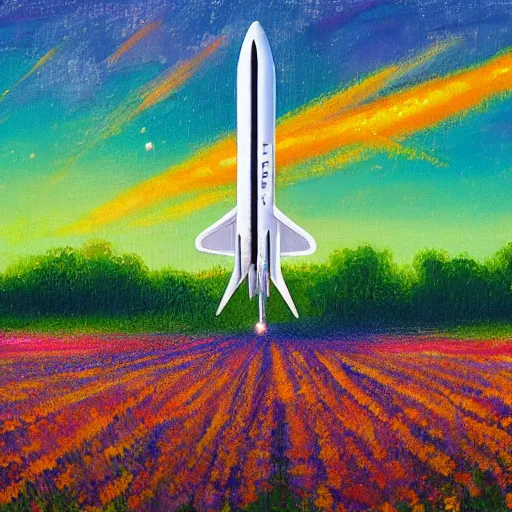 Image similar to spacex starship rocket landing in a field of flowers at sunset, impressionist painting