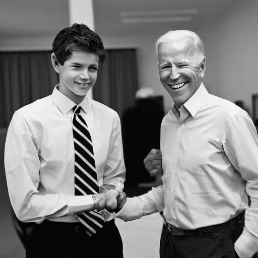 Image similar to A portrait photo of joe biden teams up with a teenage joe biden, perfect faces, 50 mm, award winning photography