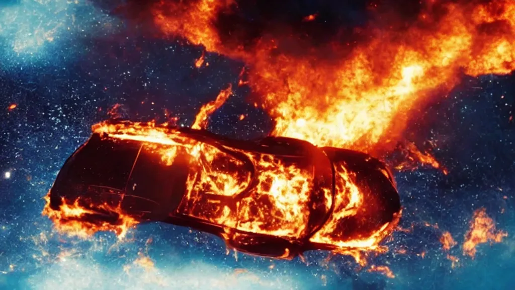 Prompt: movie still of a burning car in outer space