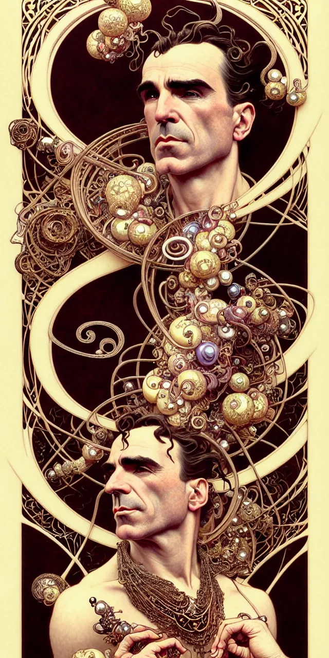 Prompt: handsome daniel day lewis art nouveau fantasy character portrait, ultra realistic, intricate details, the fifth element artifacts, highly detailed by peter mohrbacher, hajime sorayama, wayne barlowe, boris vallejo, aaron horkey, gaston bussiere, craig mullins alphonse mucha, art nouveau curves swirls and spirals, flowers pearls beads crystals jewelry goldchains scattered