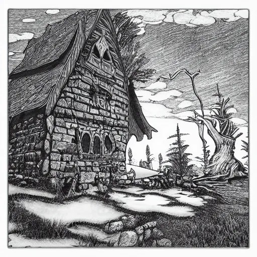 Image similar to impressive fantasy landscape, beautiful line art, pure b & w, etching illustration, square sticker, masterpiece