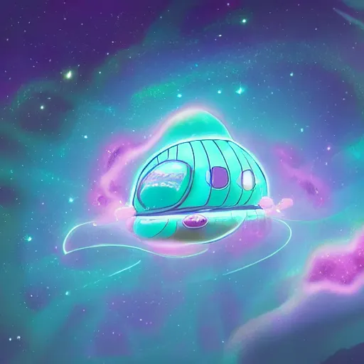 Image similar to Cartoon network Steven Universe design of a cute Ancient tribe dusty damaged spaceship shaped like a jelly fish flying in a gas of nebulas and stars in hyperspace, beautiful clear detailed 8k digital art, final render