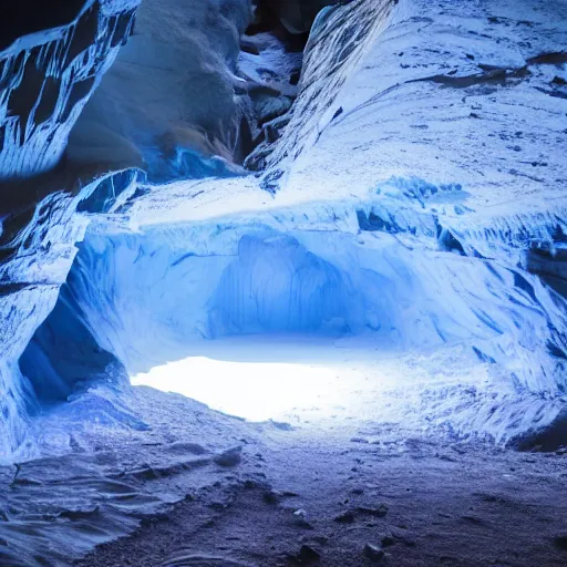 Image similar to deep dark glacier cave, faint blue glow,