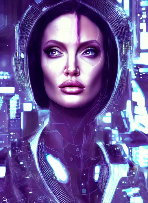 Prompt: cyberpunk portrait of beautiful cyber Angelina Jolie, young Angelina Jolie, cyberpunk, photorealistic, octane render, beautiful eyes, 35mm, coherent, intricate, 4k, intricate details, concept art, studio lighting, trending or artstation, award winning, hyperrealistic, 8k, hd