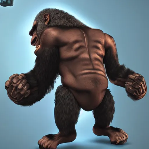 Prompt: angry tough gorilla with tattoos, punk gorilla, interesting 3 d character concept by tiger hkn and gediminas pranckevicius, maplestory, game art, hyper detailed, character modeling, cartoon, cinematic, ray tracing, fur details, maya, c 4 d