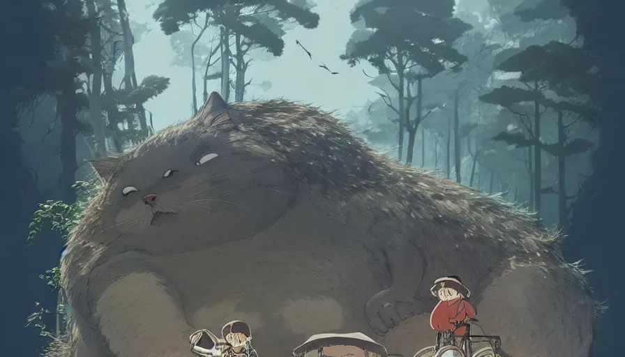 Prompt: the last fat catrider, comedy, graphic art, rgba, 8 k hd resolution, pinterest, dynamic character, 8 k character details, concept art, 8 k ultra realistic, intricate details, ultra detailed, reduce character duplication, in style of hayao miyazaki, by studio ghibli