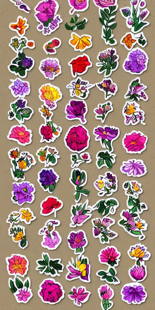 Image similar to flowers, unused sticker sheet, display grid, 2 0 px gap