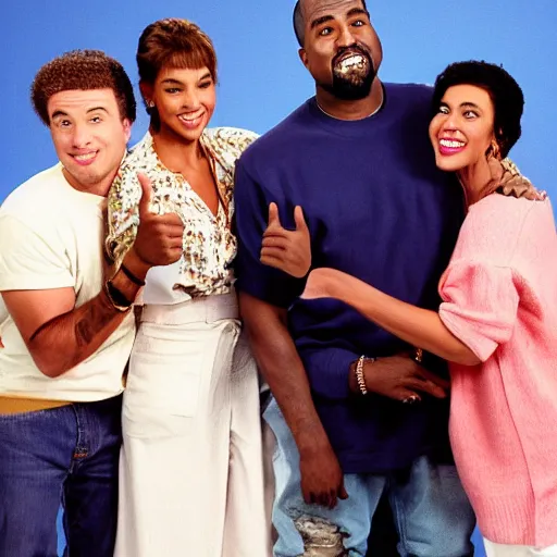 Image similar to Kanye West smiling and giving a thumbs up for a 1990s sitcom tv show, Studio Photograph, portrait C 12.0