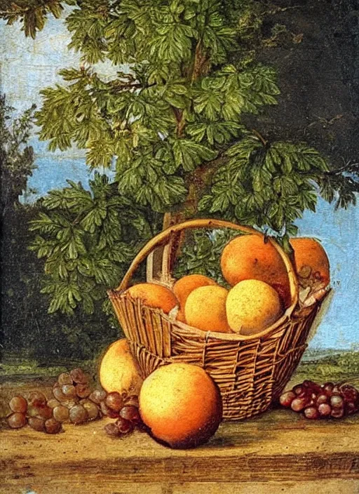 Image similar to a 1 6 th century oil painting of a fruit in a basket beside a tree. high quality scan