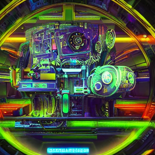 Image similar to album art, album is called tripmachine, tripmachine, photo of a huge futuristic steampunk machinery inside a computer, 8 k, fluorescent colors, halluzinogenic, multicolored, exaggerated detailed, front shot, 3 d render, octane