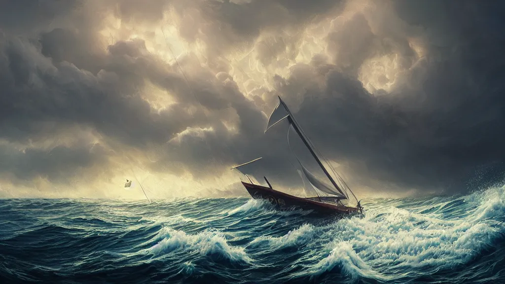 Image similar to a gigantic cat bursting out of a stormy sea attacking a small sail boat, wet fur, giant waves, sunbeams in background, intricate, detailed, volumetric lighting, sharp focus, scenery, photorealism, digital painting, highly detailed, concept art, by simon stalenhag and mark brooks