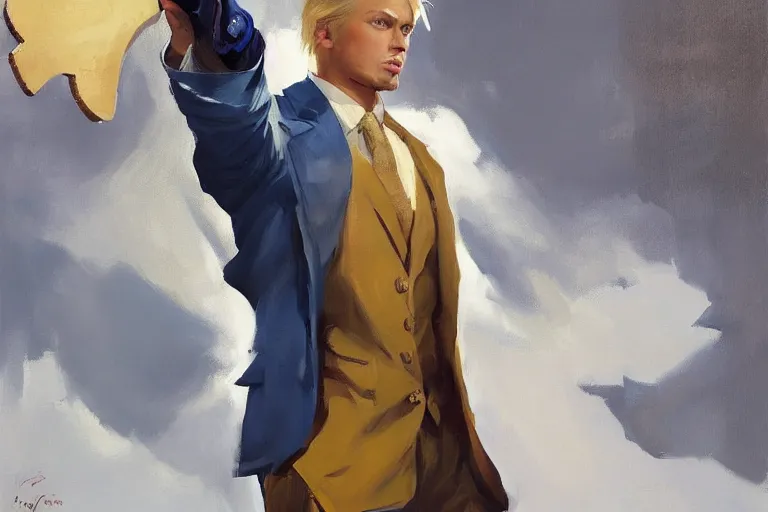 Image similar to greg manchess portrait painting of a blond man in a blue suit with a sword and a pistol, asymmetrical, profile picture, organic painting, sunny day, matte painting, bold shapes, hard edges, street art, trending on artstation, by huang guangjian, gil elvgren, ruan jia, randy vargas, greg rutkowski